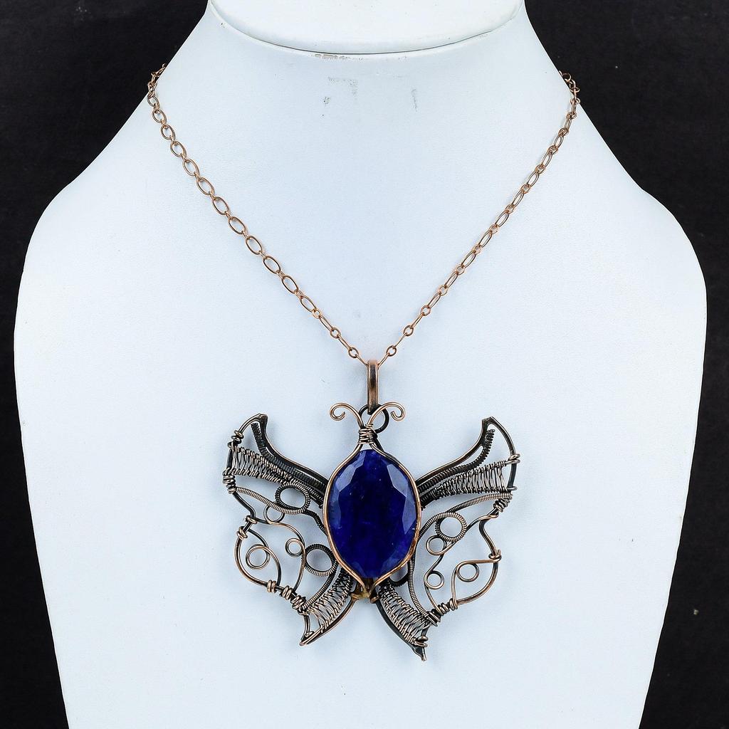 Граненый кулон из синего сапфира, обернутый медной проволокой, ручной работы, кулон-бабочка, драгоценный камень, медные украшения, подарок для него, украшения из проволоки