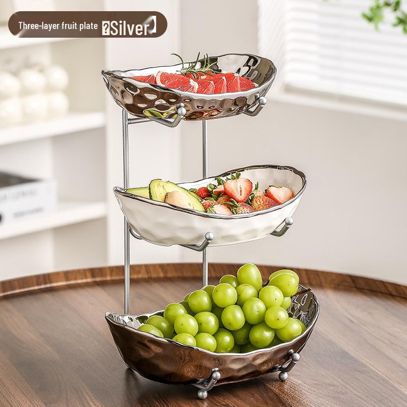 Элегантная многоярусная керамическая фруктовница с гальваническим покрытием - Высококачественная стойка для хранения сухофруктов