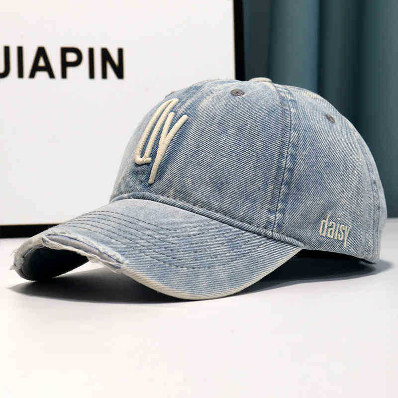 Fashion Hat Korean Style Ripped Hole Washed Distressed Denim Baseball Cap Women's Instagram Trendy Versatile Street Sports Embroidered Hat Sunshade