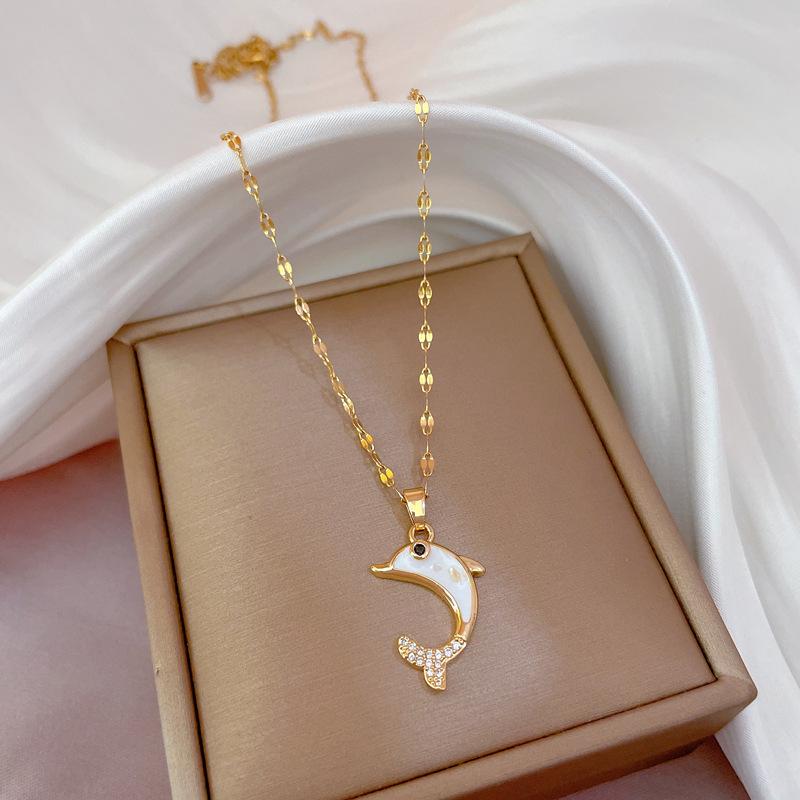 Light Luxury Micro-Inlaid Dolphin Color Shell Oil Dripping Necklace Women'S New Collarbone Chain Light Luxury Niche Design Sense