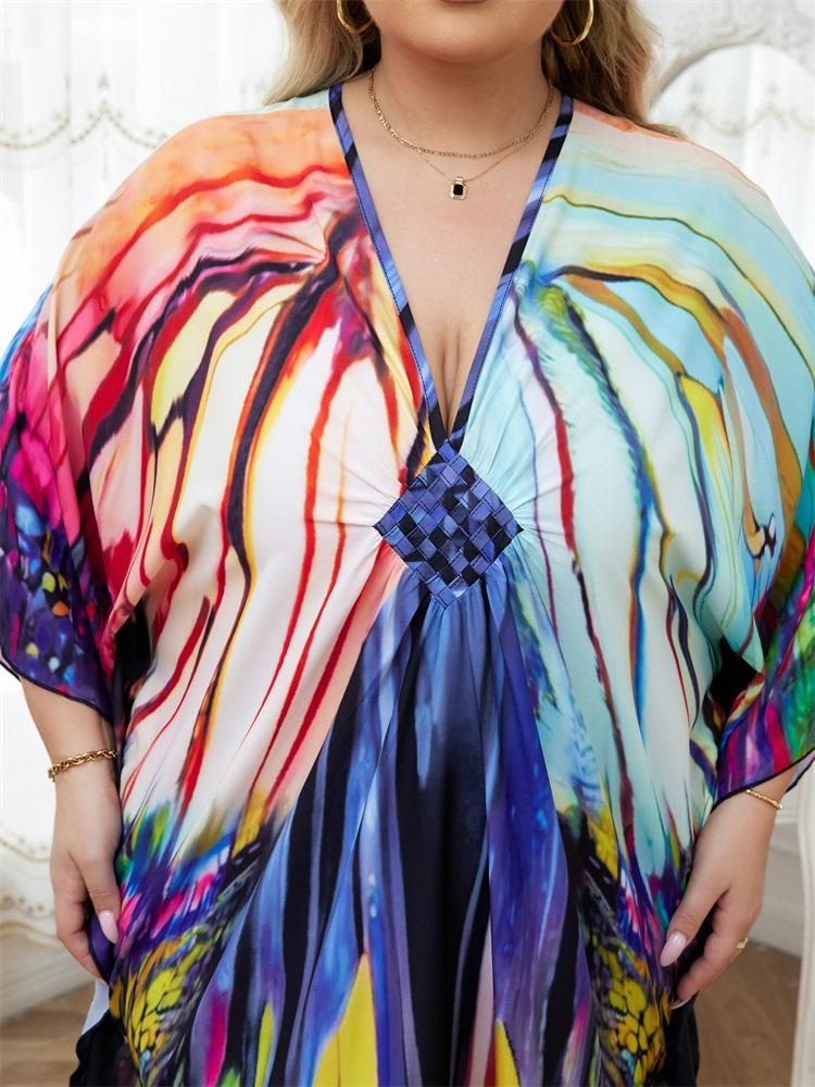 EDOLYNSA Plus Size Multicolor Printed Kaftan Dress For Women Outfit Boho Vacation V-neck Split Robe Summer Beachwear Swimsuit Cover Up Q1588