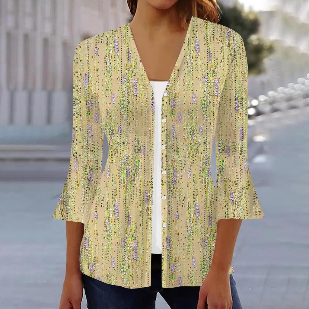 Women's Fashion Loose Casual Printed Three-quarter Sleeve Button Shirt Cardigan Top