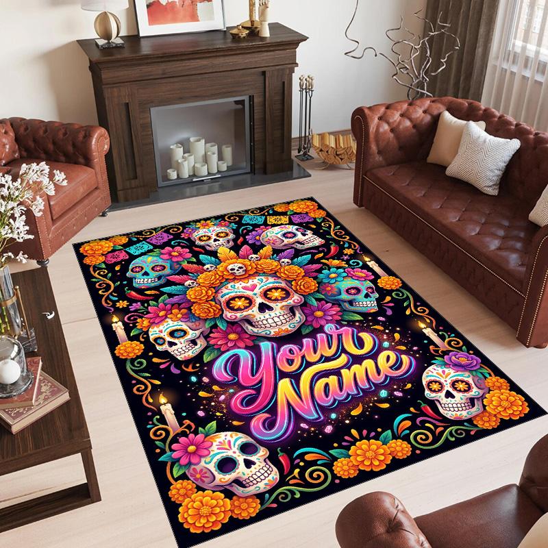 Day of the Dead Theme Crystal Velvet Rug Personalized Custom Name Text Soft Floor Mat Home Decor