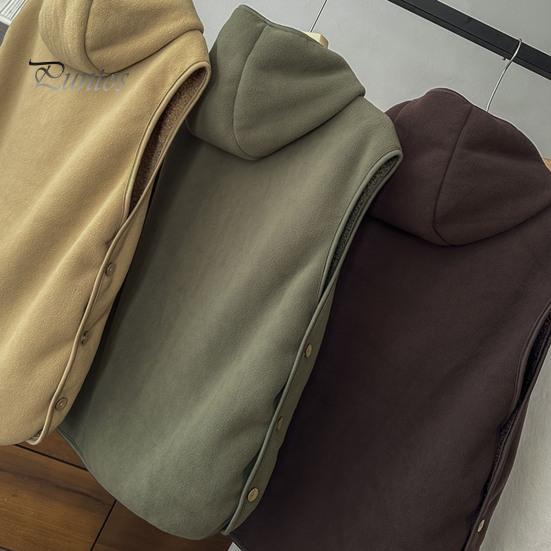 Women Fall Winter Vest with Hooded Side Button Closure Fleece Thermal Isolation Solid Color with Front Pocket Casual Daily Hoodie Top