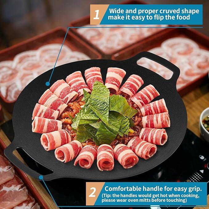 Best Seller KOREAN BBQ GRILL PAN ROASTING PLATE | Non-stick Smokeless Circular Grill Pan | Large Cast Iron Flat Bottom Frying Pan | Portable Smooth