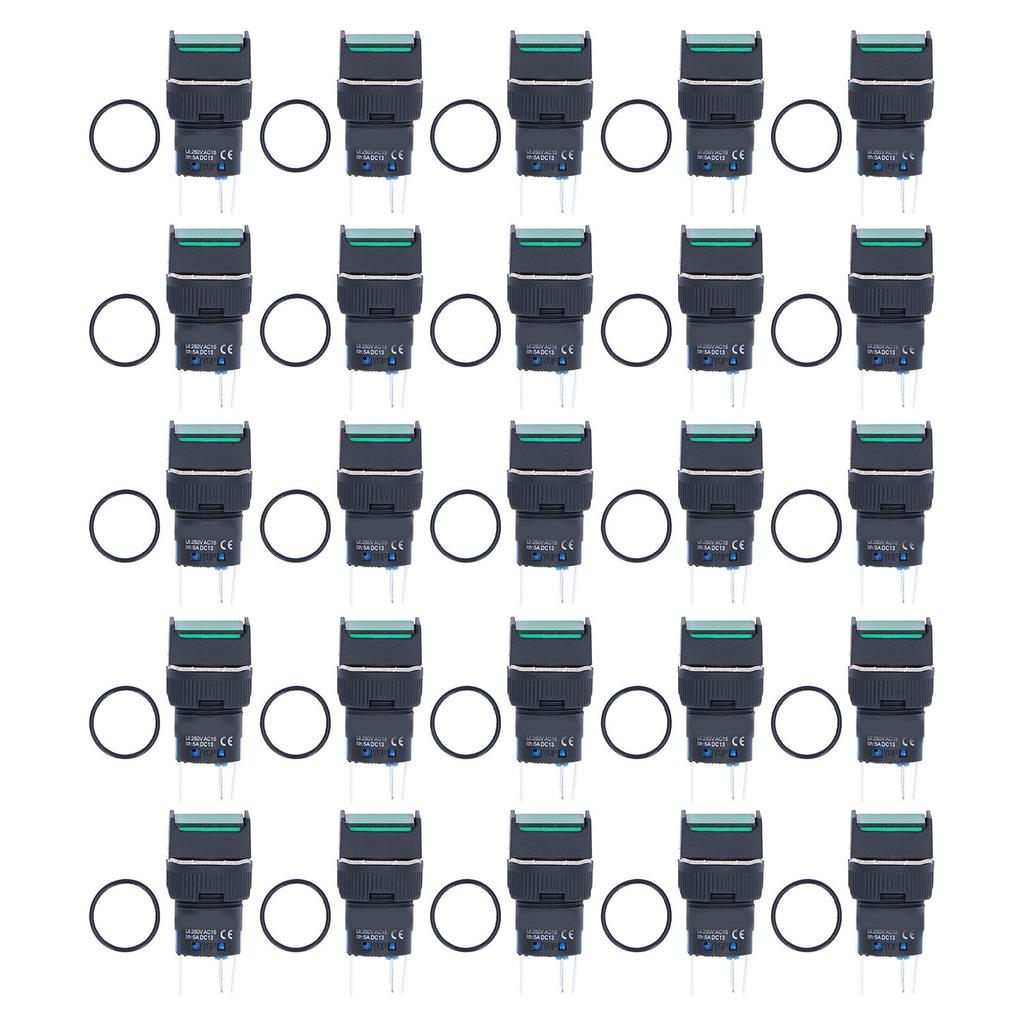 25Pcs Push Button Switch Momentary Self Locking 16mm Square with Light Set Kit 12VGreen