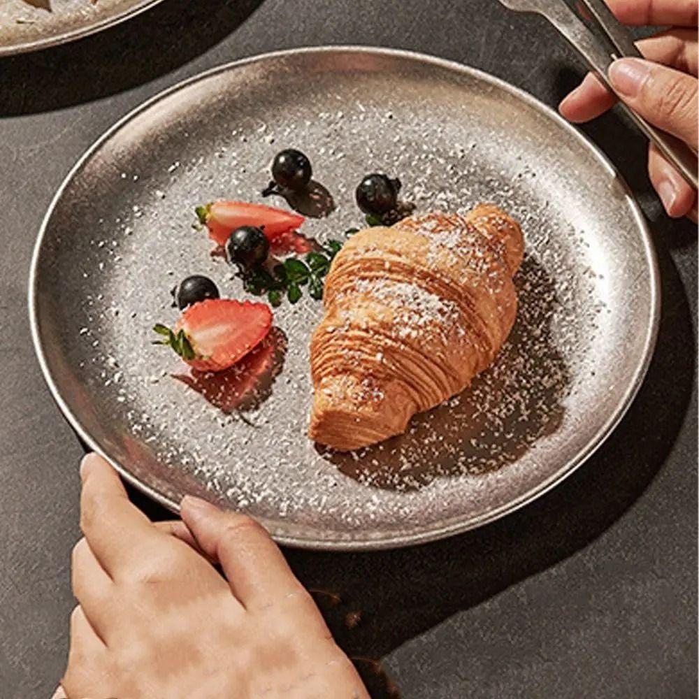 304 Stainless Steel Metal Serving Tray Vintage Worn Finish Snack Dish Pastry Storage