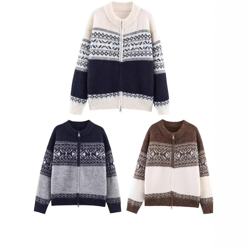 FH5152 Womens Knit Cardigan Fall Winter Premium Double Zip Jacquard Sweater