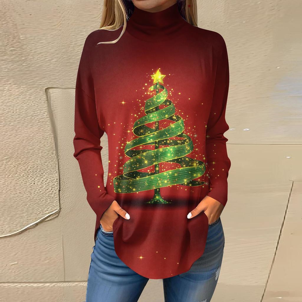 Женская модная повседневная футболка с длинным рукавом с высоким воротом и принтом, пуловер, топ