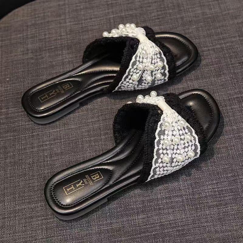 2025 лето новые легкие жемчужные прохладные тапочки женские для улицы сказочный стиль плоская подошва шлепанцы универсальная модная бомба