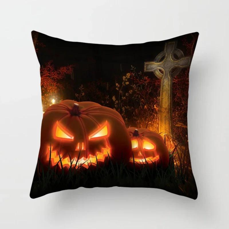 Halloween Horror Pumpkin Bat Print Pattern Cushion Cover Home Living Room Sofa Decoration Polyester Zipper Pillow