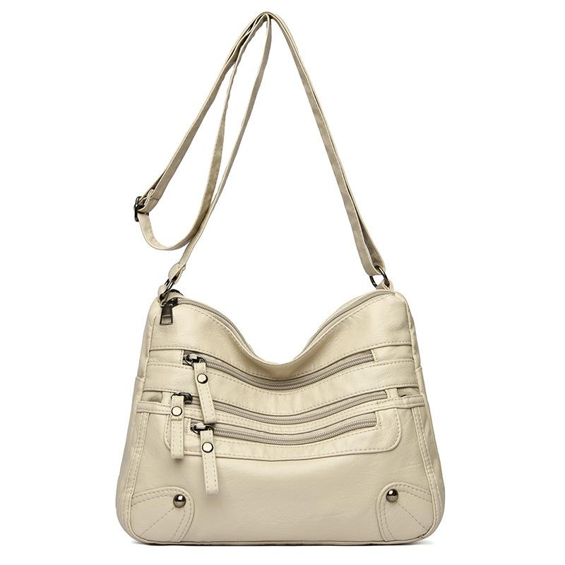 Solid Color Multi Zipper Bag Vintage Soft Leather Shoulder Bag Casual Crossbody Purse For Work