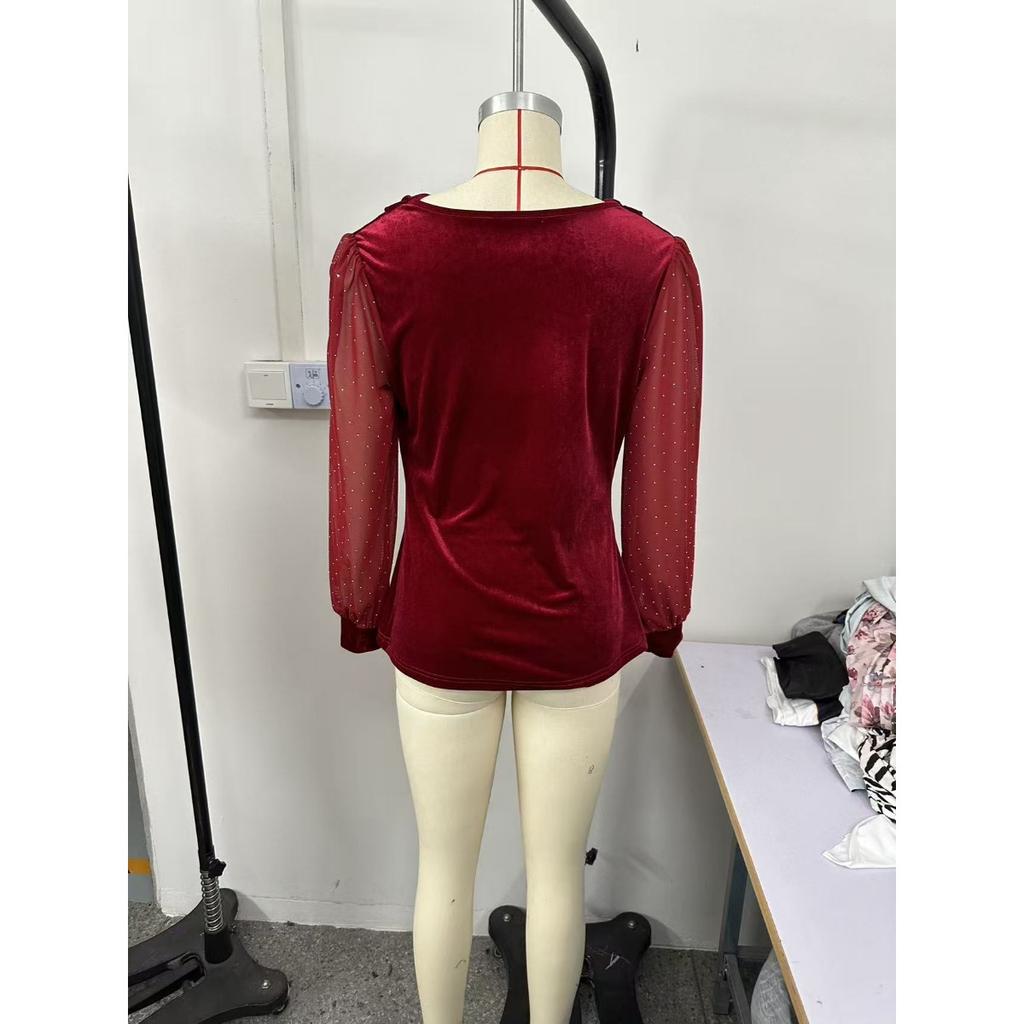 New Women's Solid Color V-neck Mesh Rhinestone Long Sleeve T-shirt, Casual Top for Women European American Fashion