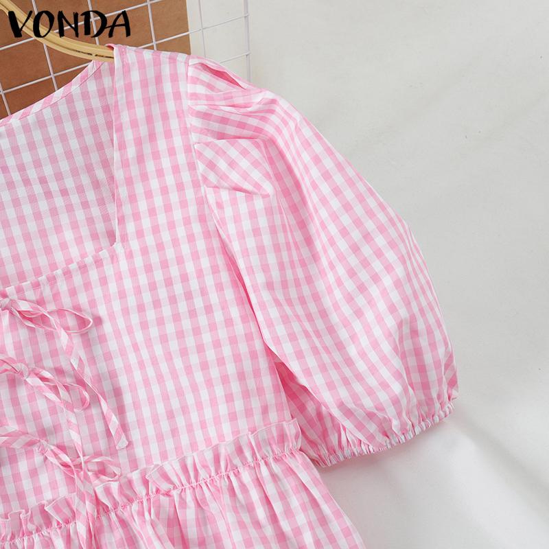 VONDA Женские летние блузки с квадратным вырезом и короткими рукавами в клетку