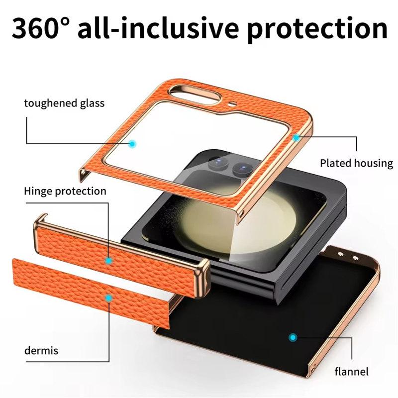 Cowhide Leather Phone Case for Samsung Galaxy Z Flip6 Flip5 Flip 6 5 ZFlip5 Luxury Hinge Protection Cover with Tempered Glass