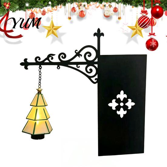 Home Soft Furnishing Christmas Tree Bookshelf Lantern, Vintage Iron Wall Hanging Decor, LED Warm Battery Operated Light Bookend Ornament, Rustic