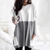 Women Tops Round Neck Long Sleeve Color Block Pullover Tops with Pockets Loose Fit Mid-length Shirt Daily Wear