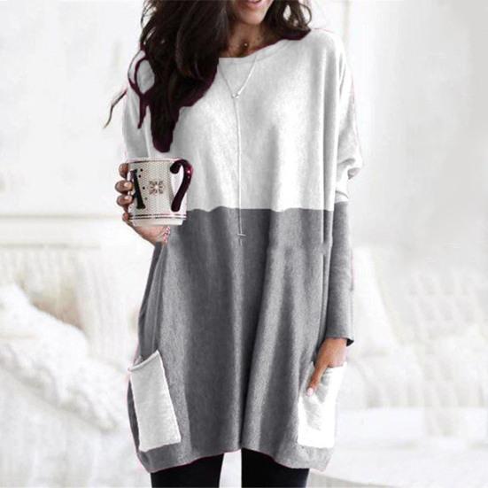 Women Tops Round Neck Long Sleeve Color Block Pullover Tops with Pockets Loose Fit Mid-length Shirt Daily Wear