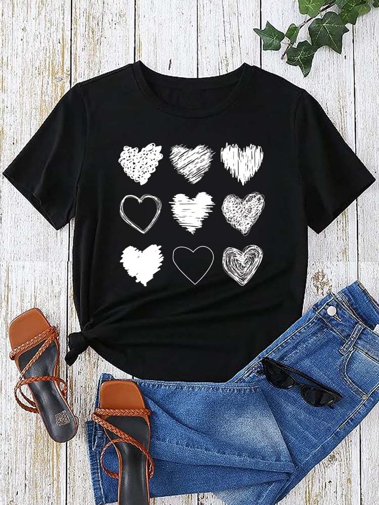 Red Heart Printed Women T-Shirts Fashion Streetwear Short Sleeve Clothing Casual Soft Women Tops Valentine's Day T-shirt