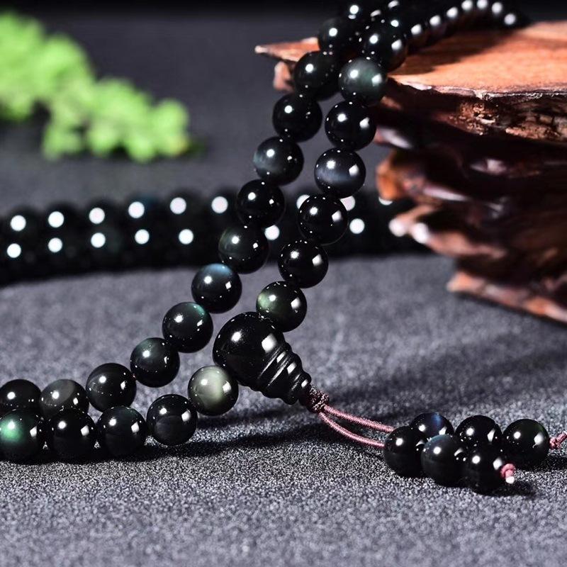 Многослойный браслет из обсидиана Rainbow Eye 108 Mala с бусинами для молитвы