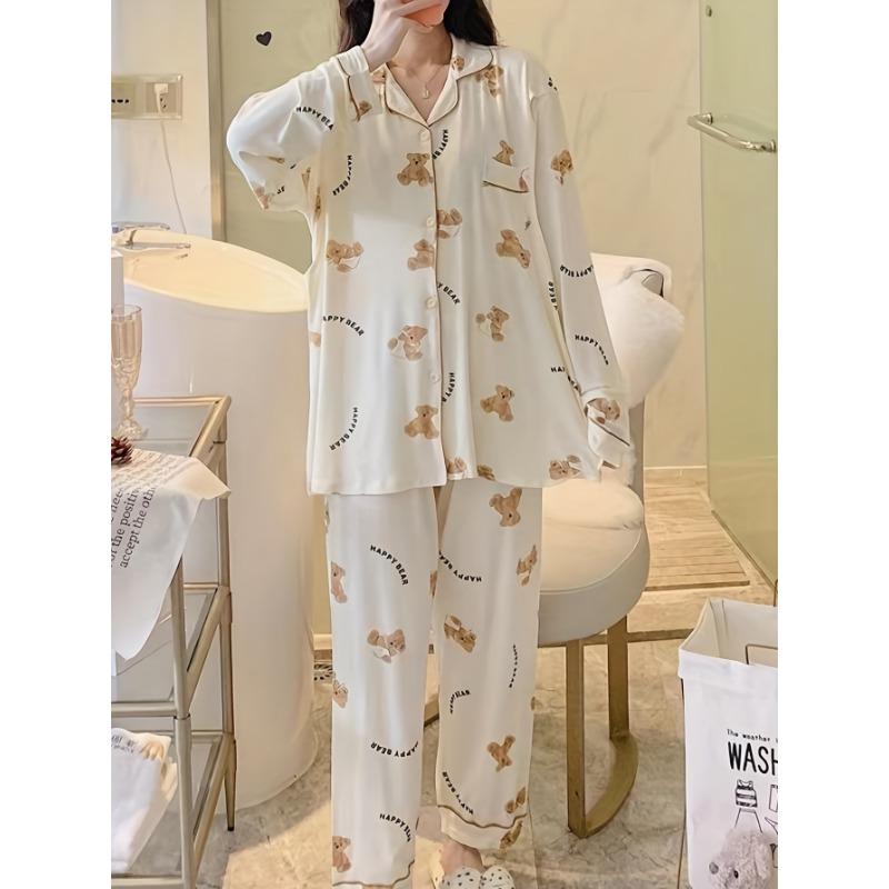 Cartoon Bear Print Pajama Set, Cute Lapel Long Sleeve Blouse Top & Elastic Waistband Pants, Women's Loungewear & Sleepwear