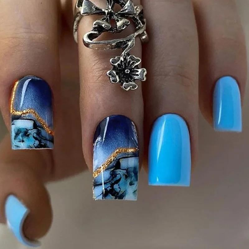 24Pcs Deep Ocean Blue Wave Gradient Short Square Full Cover Press On Nails With Glue Acrylic False Nail Tips