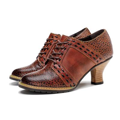 Модные универсальные женские туфли-лодочки из натуральной кожи с круглым носком на шнуровке, женские высокие каблуки