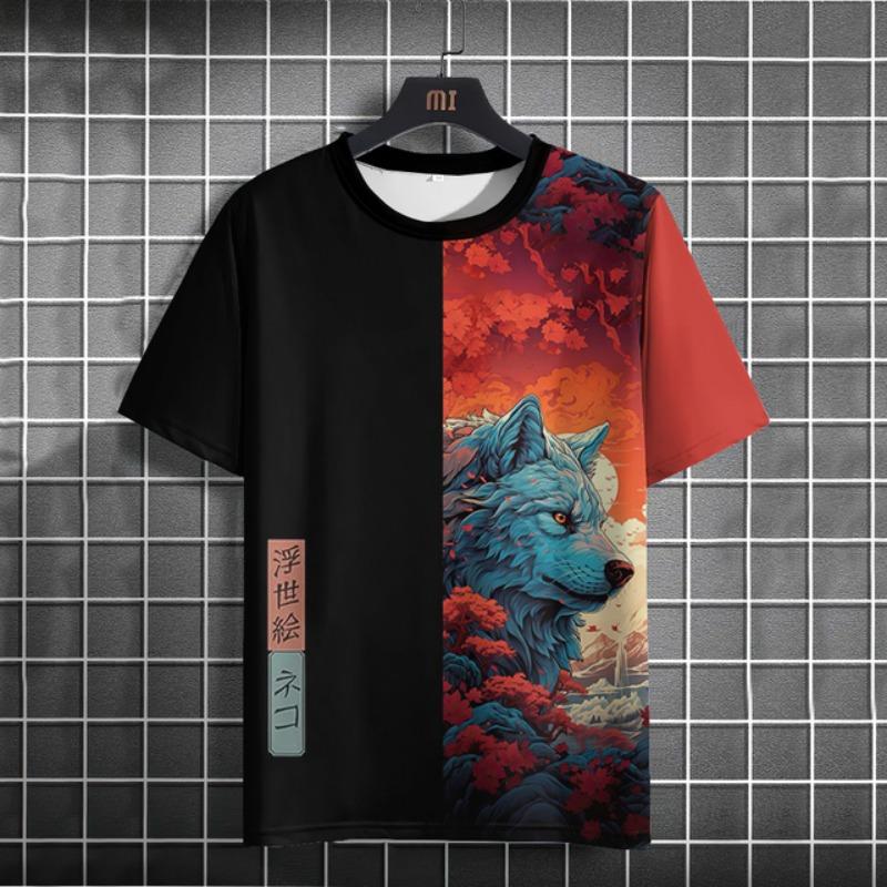 Мужская футболка с рисунком животных в японском стиле, футболки с принтом укиё-э, повседневные свободные футболки с короткими рукавами, большие мужские костюмы, топы