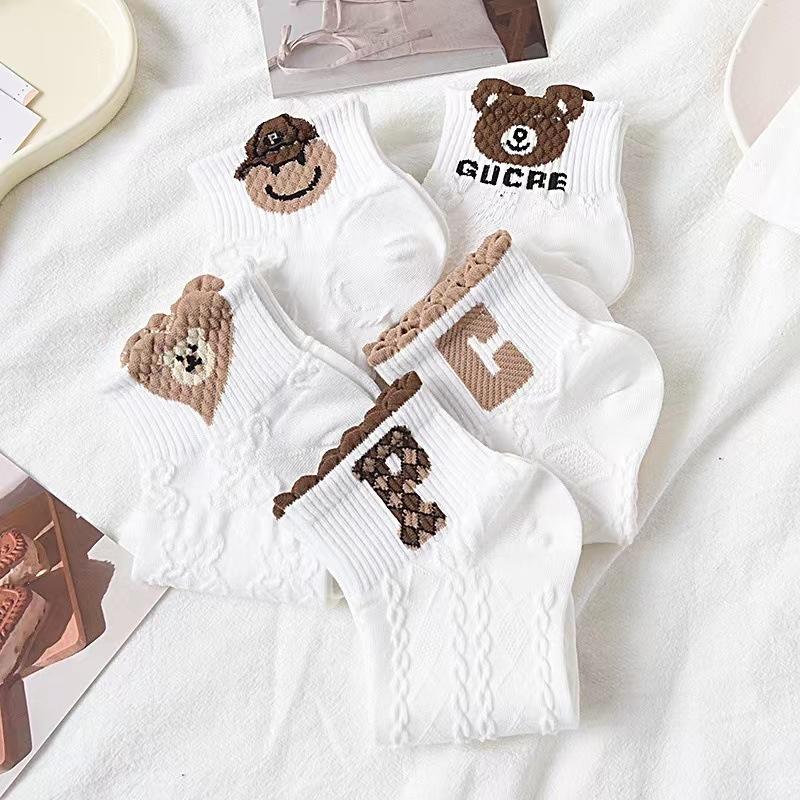 5 пар женских носков, весенне-летние тонкие носки-лодочки с рисунком медведя, дышащие и милые белые носки