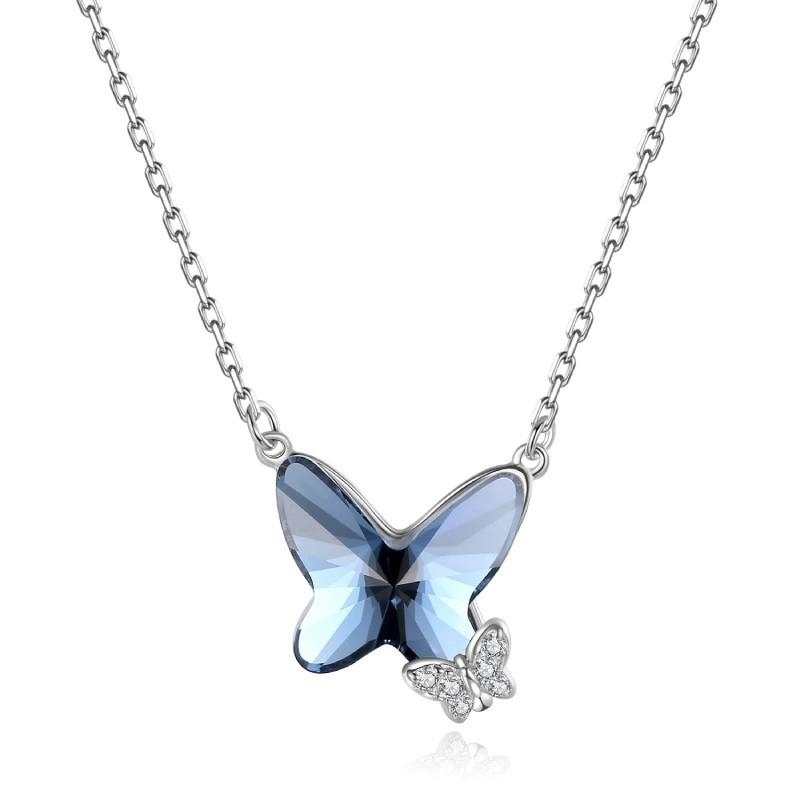 925 Sterling Silver Blue Crystal Butterfly Pendant Necklaces for Women Elegant Daily Wear Silver Necklace Jewelry Gift