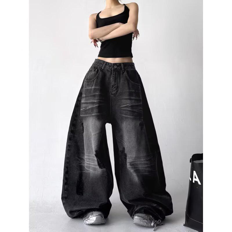 High-Waisted Wide Leg Distressed Denim Pants Women - Loose Fit Streetwear Jeans 2026