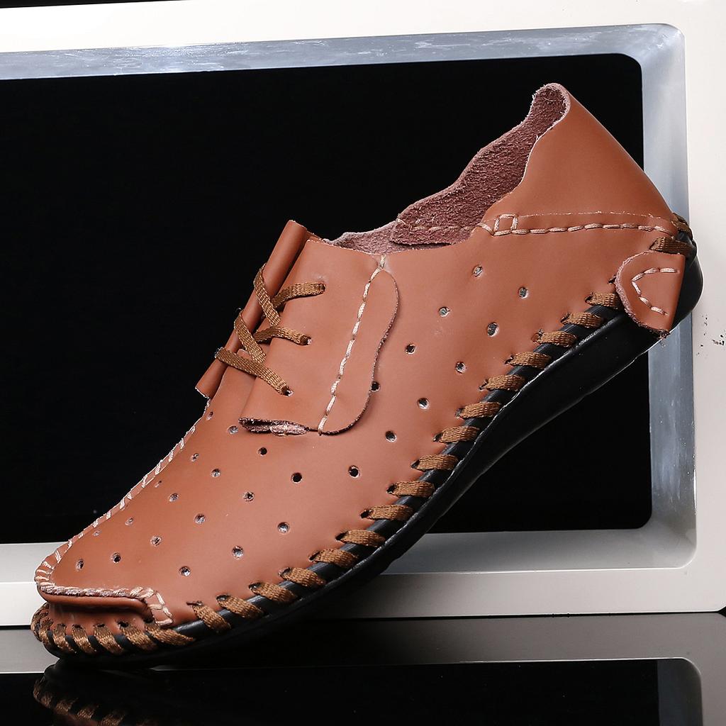 Модные летние и осенние мужские повседневные туфли из дышащей британской кожи с мягкой подошвой Lazy Hollow Большие кожаные туфли Bean Shoes