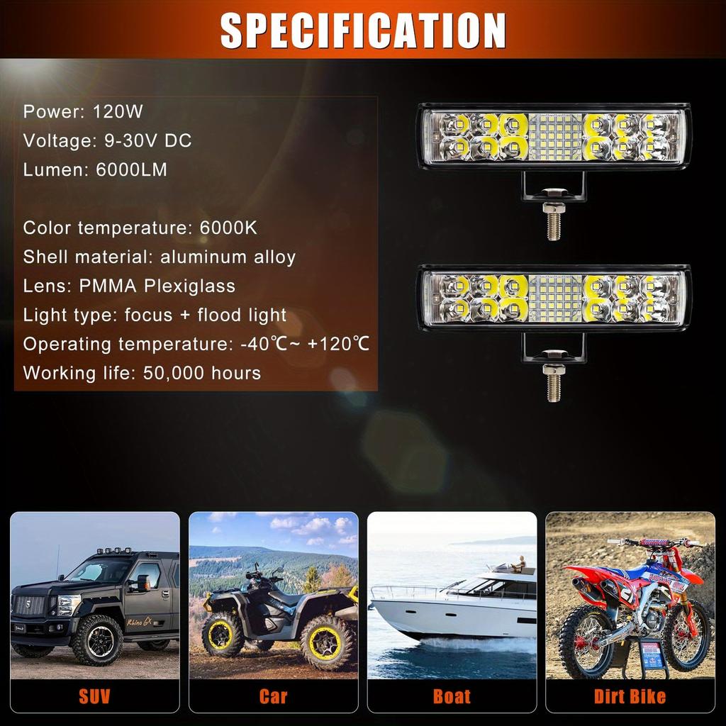 2PCS 7 Inch LED Light Bar 60W 6000K White Off Road Driving Auxiliary LED Work Lights for Truck ATV Boat SUV Motorbike 12V 24V