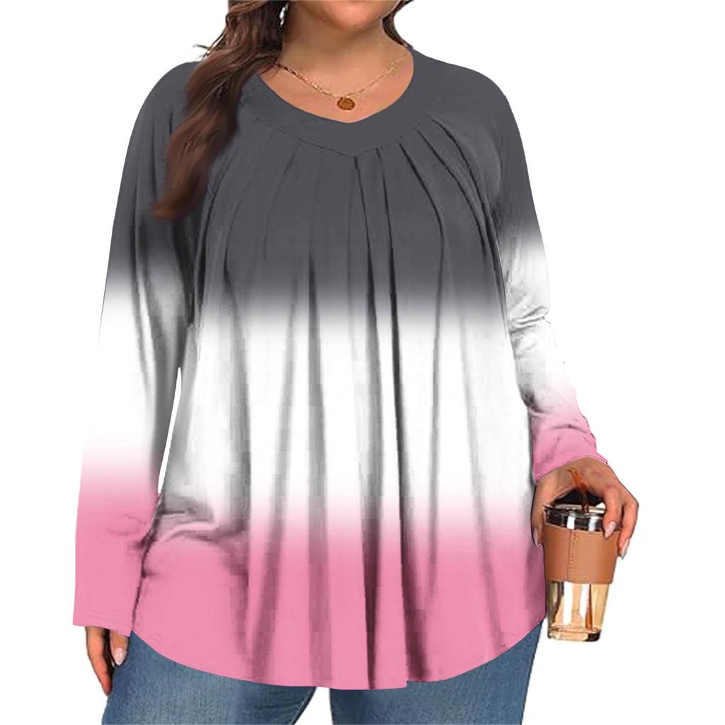 Women's Plus Size Fashion  Printed Casual Pleated Round Neck Long Sleeve Top