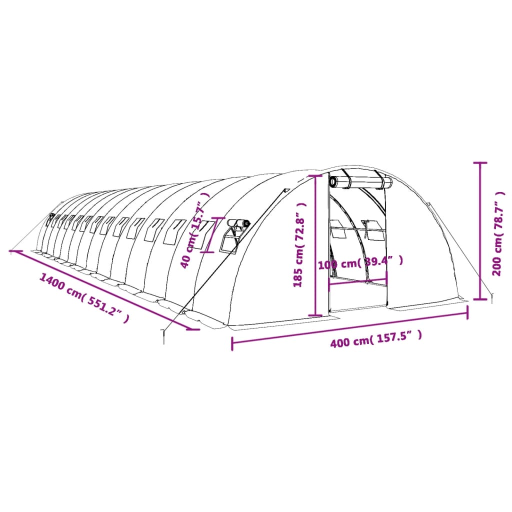 Green Greenhouse with Steel Frame 56 m² 14 x 4 x 2 m