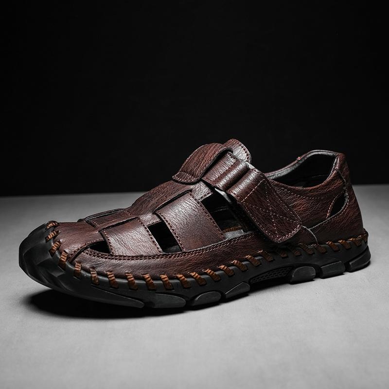 Plus Size Hand Stitching Men Genuine Leather Hollow Out Beach Sandals