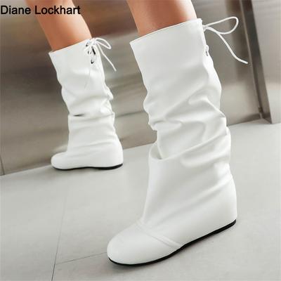 Модные осенне-зимние женские полусапоги до середины икры, повседневные, на шнуровке, длинные сапоги на плоской подошве, модные плиссированные сапоги с круглым носком, черные, элегантные, женские