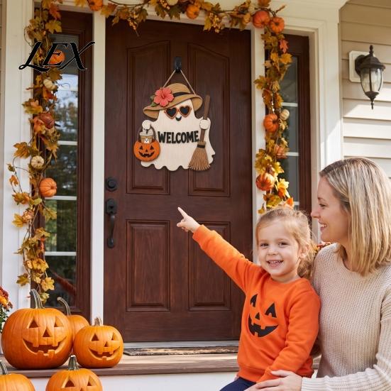 Witch Hat Wall Sign Halloween Ghost Welcome Door Hanger, Cute Wooden with & Pumpkin Party Supplies Elements, Fall Indoor Outdoor Decor for Holiday
