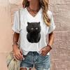 Summer Women's T Shirt Cat Print Casual Short Sleeve 3D T-Shirts Fashion Street Wear V-Neck Pullover Female Oversized Clothing