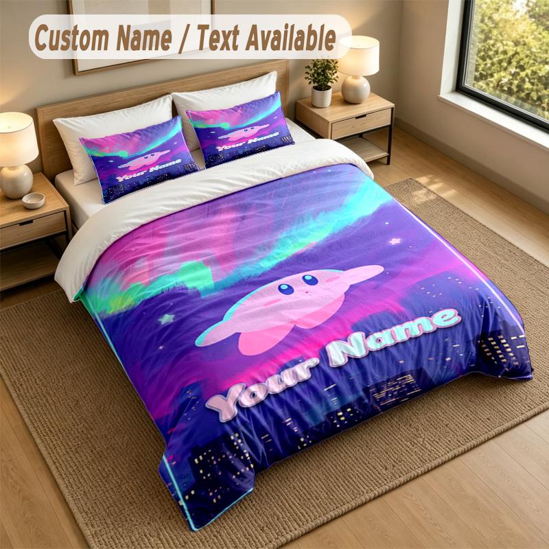Custom Name Text Bedding 3Pcs Set,Kirby 1 Duvet Cover 2 Pillowcases Soft Bed Linen For Gift