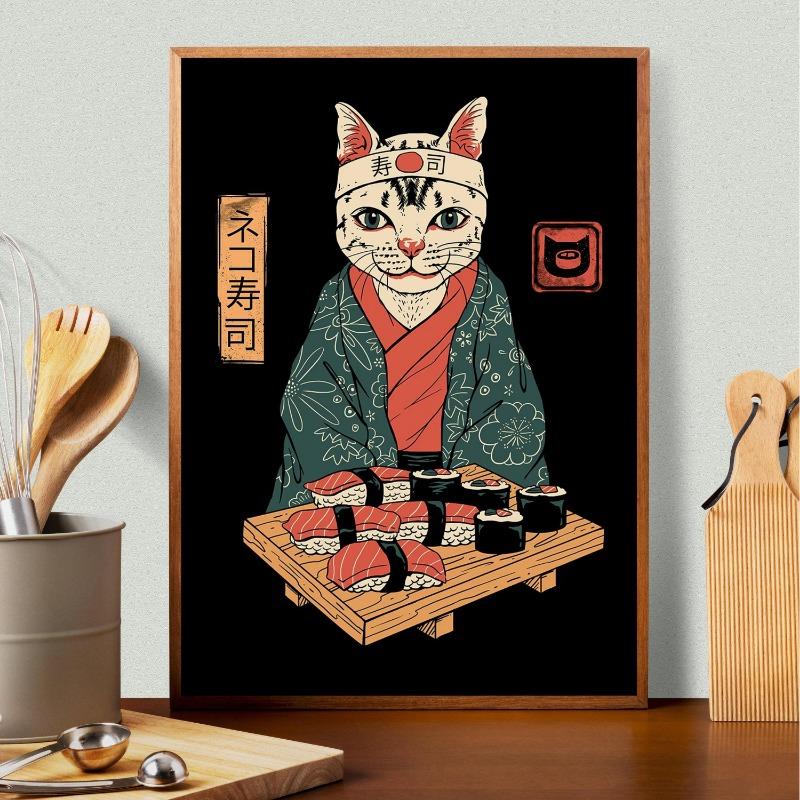 Японский Ретро Стиль Татуировка Самурай Кот Рамен Мультяшные Постеры Принты Холст Картина Настенное Искусство Картина Гостиная Домашний Декор