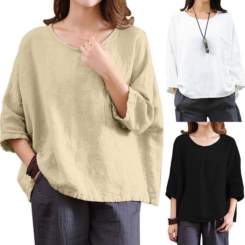 Vintage Women 34 Sleeve O Neck Cotton Linen Loose Casual Shirt Top Blouse