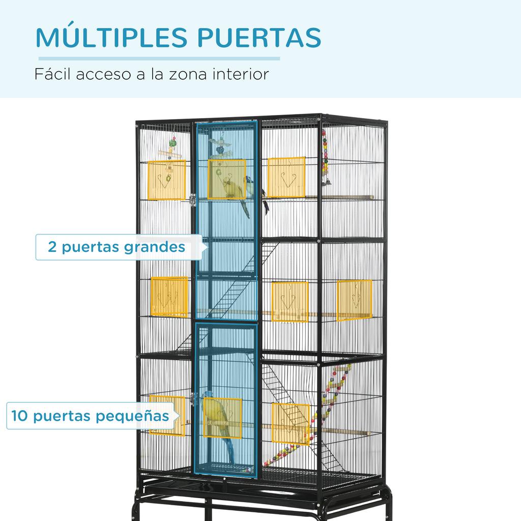 Bird Cage With Wheels 83x53x180 Cm Three Tier Metal Aviary With 3 Perches Feeders Toys Ramps Black