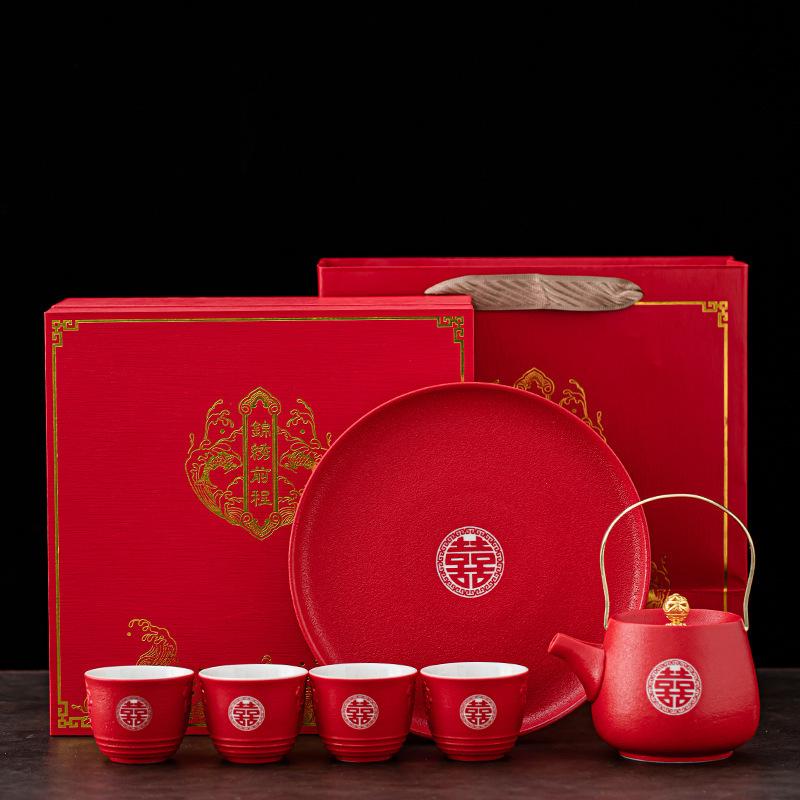 Chinese tea wedding red double happiness wedding red ceramic red tea set wedding banquet double happiness gift