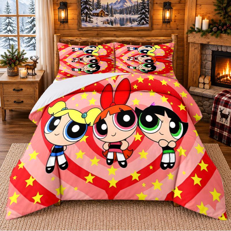 The Powerpuff Girls Pattern Bedding 3Pcs Set Bed Sheet And Pillowcases For Indoor Bedroom
