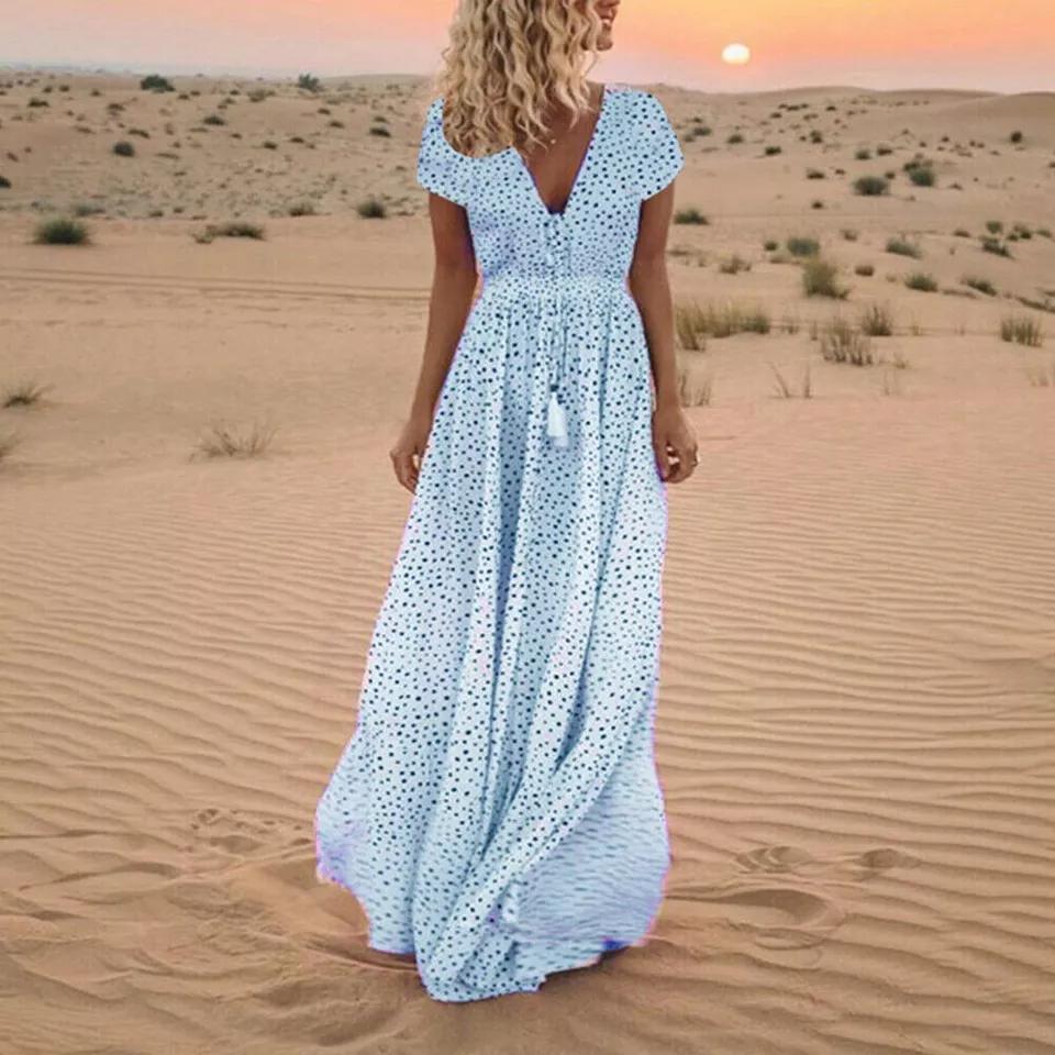 Summer Women's Beach Holiday V Neck Long Maxi Dress Ladies Boho Holiday Sundress