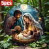 5pcs Premium 8x8 Inches HD Wooden Nativity Scene Round Wooden Sign, 2D Flat Print Wall Art, Easy Installation for Home, Apartment, Restaurant
