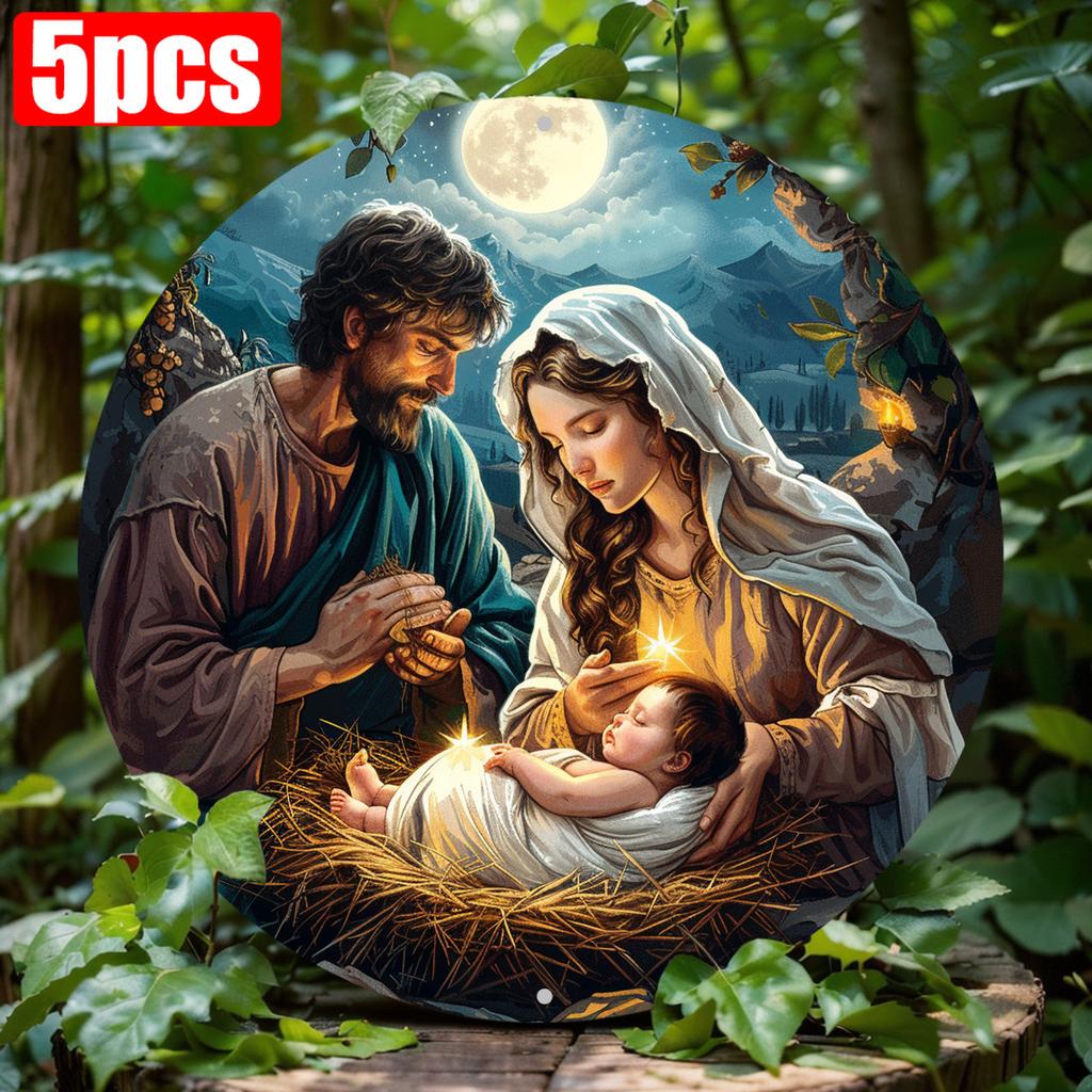 5 шт. Премиум 8x8 дюймов HD деревянный круглый деревянный знак с изображением рождественского вертепа, 2D плоская печать на стене, простая установка для дома, квартиры, ресторана