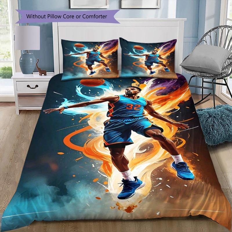 Basketball Player Flame Splash Art Print 3 Pieces Duvet Cover Set Sports Fan Bedding Bedroom Home Decor Without Pillow Core