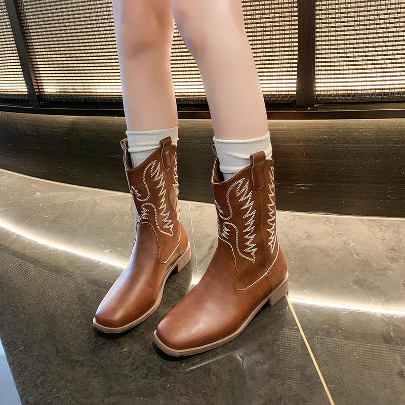 Fashion New Style High Boot Embroidery Retro Handmade Women's Western Cowboy Boot Pointed Toe Boots Hand Stitching Outdoor Women's Shoes